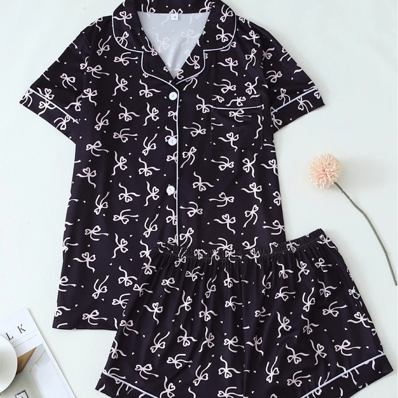 

Women's Cute Bow Print Pajama Set Short Sleeve Lapel Top Shorts Comfortable Relaxed Fit Homewear Loungewear Sleepwear For Summer