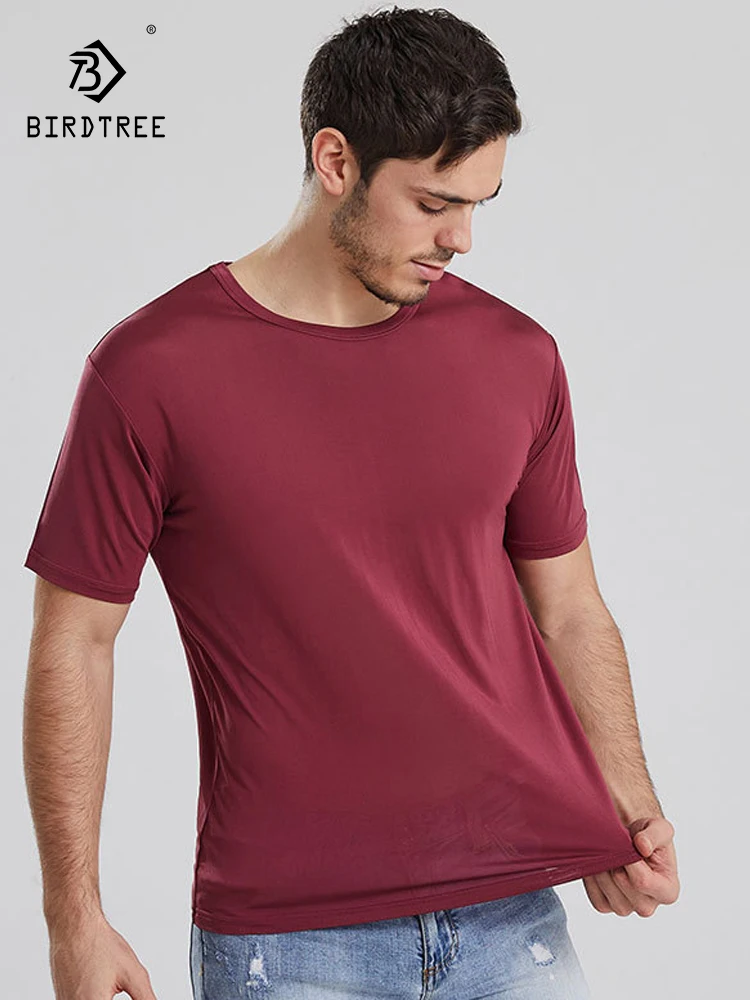 BirdTree, 100%Real Silk Casual T-Shirt, Men O Neck Short Sleeve Solid, Loose Versatile Bottom Top, 2024 Summer Autumn T48126QC