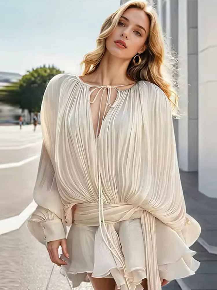 Elegant Flounce Dress Women Loose V Neck Lace Up Hollow Out Dresses Female 2025 Spring New Lantern Sleeves Beach Robe Lady