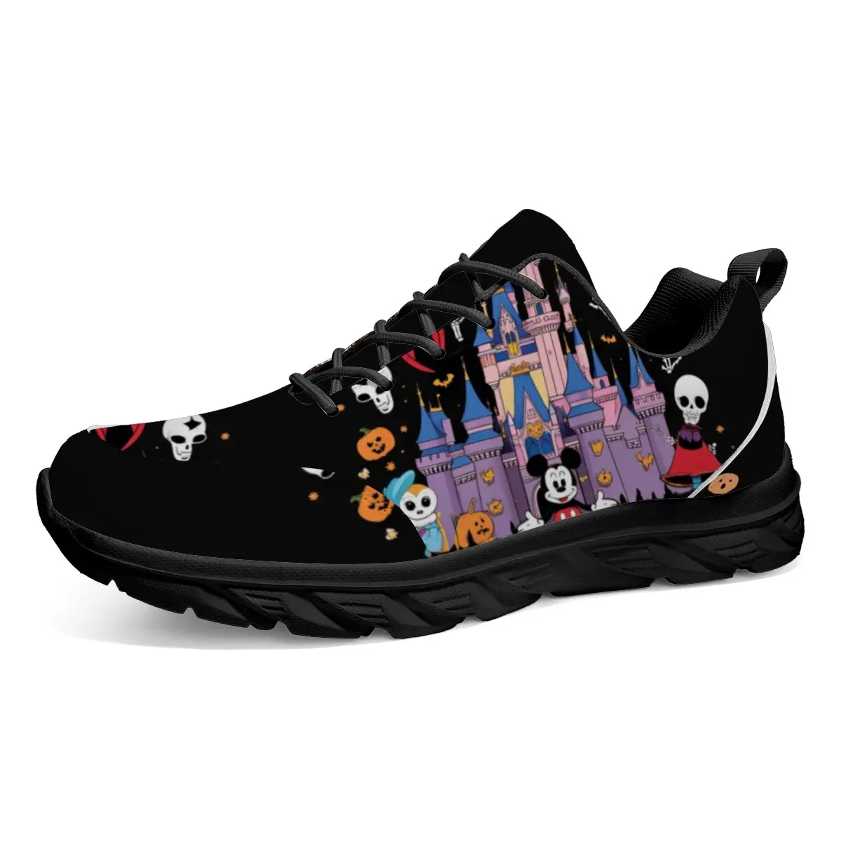 Zapatos deportivos para hombre, zapatos informales para correr, zapatos planos bajos con punta redonda y cordones, zapatos ligeros tejidos voladores con temática de Halloween para parejas