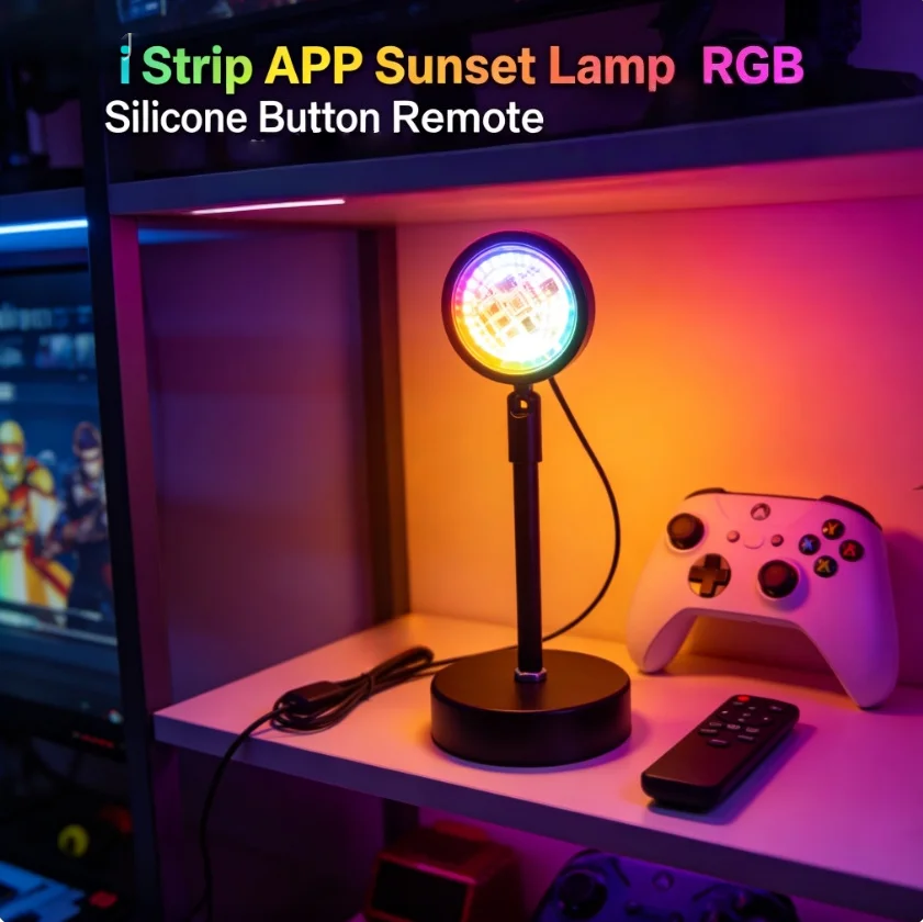 

iStrip APP Smart Sunset Projection Lamp with Silicone Button Remote, RGB Color Changing LED Night Light USB Desk Lamp, Dimmable Mood Light for Bedroom Living Room Party Vlog Background Decor