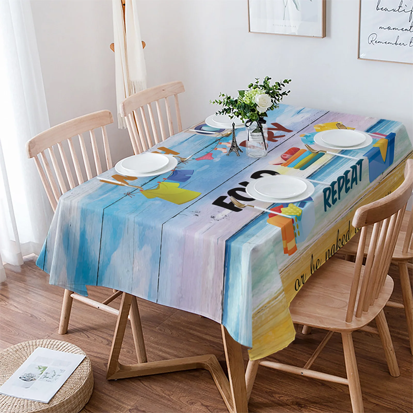 Wood Grain Sea Beach Watercolor Laundry Rules Tablecloth Waterproof Dining Table Rectangular Round Home Kitchen Decoration