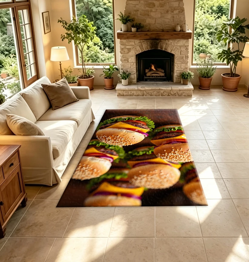 Delicious Cheeseburger Pattern Carpet Creative Food Print Floor Mat Suitable for Kitchen and Restaurant Decoration