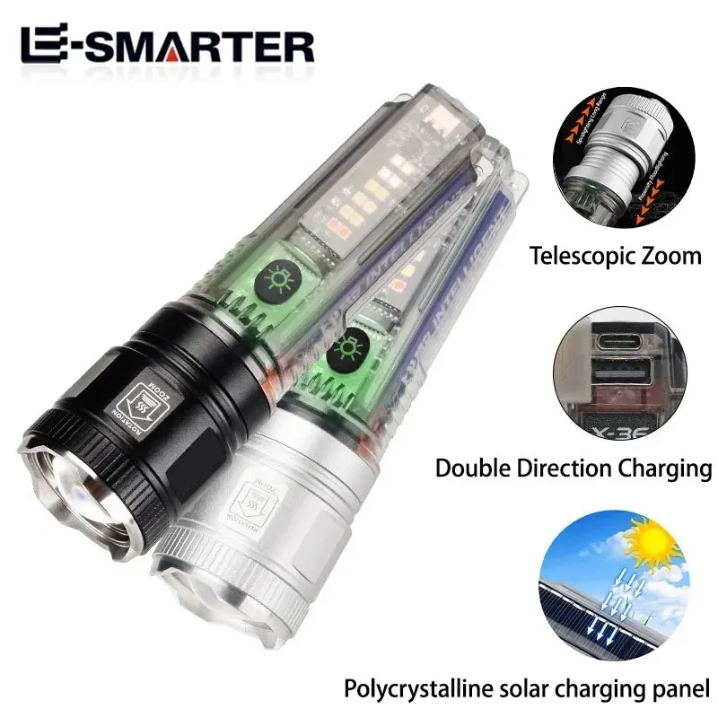 Solar Power Bright Light Flashlight Telescopic Zoom P50 Or White Laser Bead Torch Lamp Rechargeable Camping Emergency Flashlight