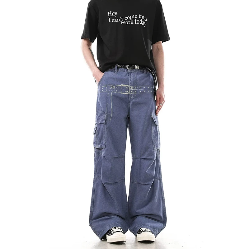 American High Street Retro Multi-Pocket Work Pants Loose Wide Leg Men's  Casual Versatile Loose Long Trousers Trendy