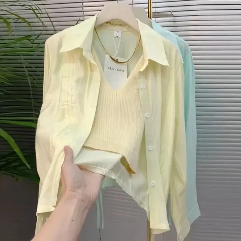 Women Blouses Drawstring Short Sunscreen Loose Long Sleeve Tops Camisa Feminina Casual Blusas Mujer Perspective Gauze Shirt