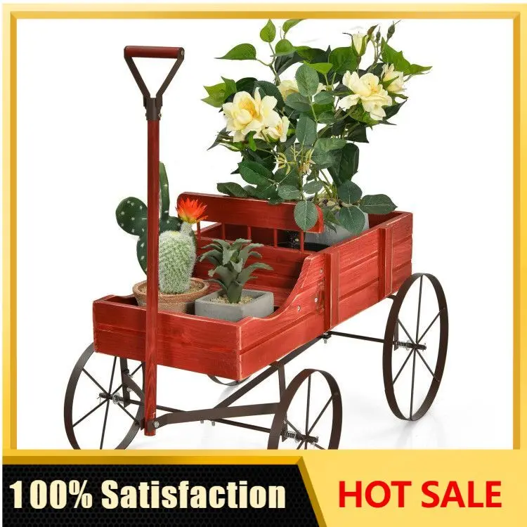 Wooden Wagon Plant Bed with Metal Wheels for Garden Yard Patio