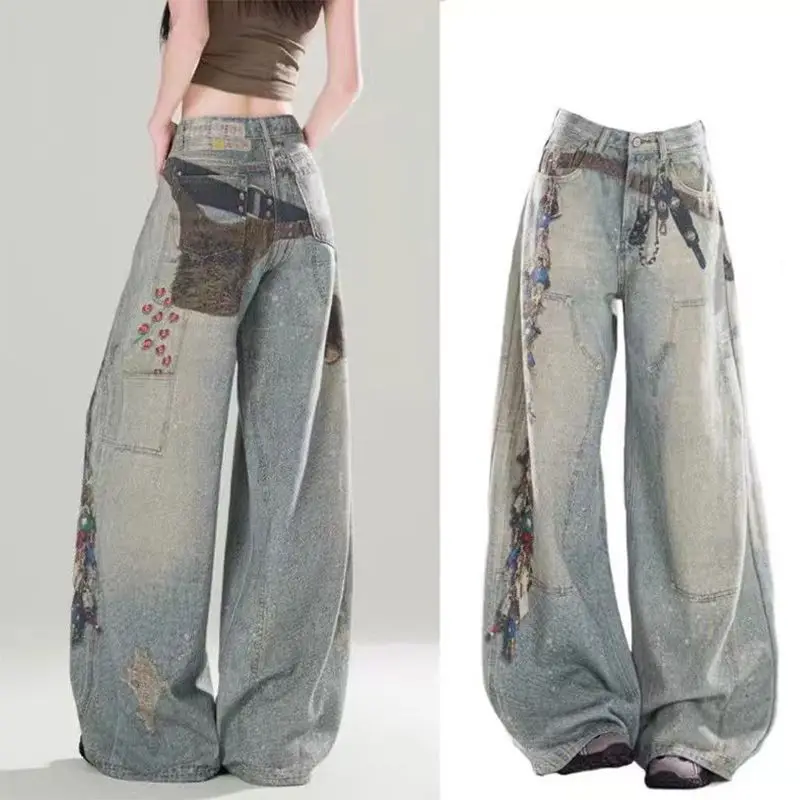 

Джинсы с высокой талией и 3D декоративным принтом, женские широкие свободные тонкие брюки длиной до пола, трендовые повседневные уличные брюки, новинка