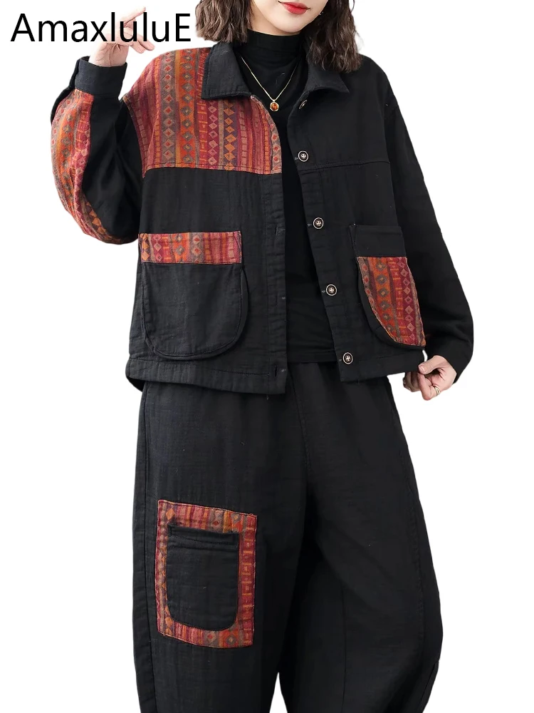 

Amax LuluE корейские осенние комплекты из 2 предметов, женские модные куртки, костюмы, свободные пальто с принтом, винтажные повседневные брюки, классические хлопковые наряды