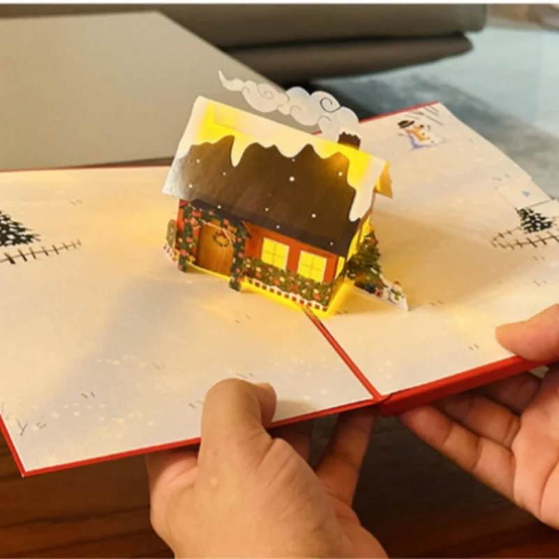 

2Pcs 3D Pop-up Christmas Cabin Lights Greeting Cards Gift Ideas Ambiance Sense Glowing Blessings Handmade Cards