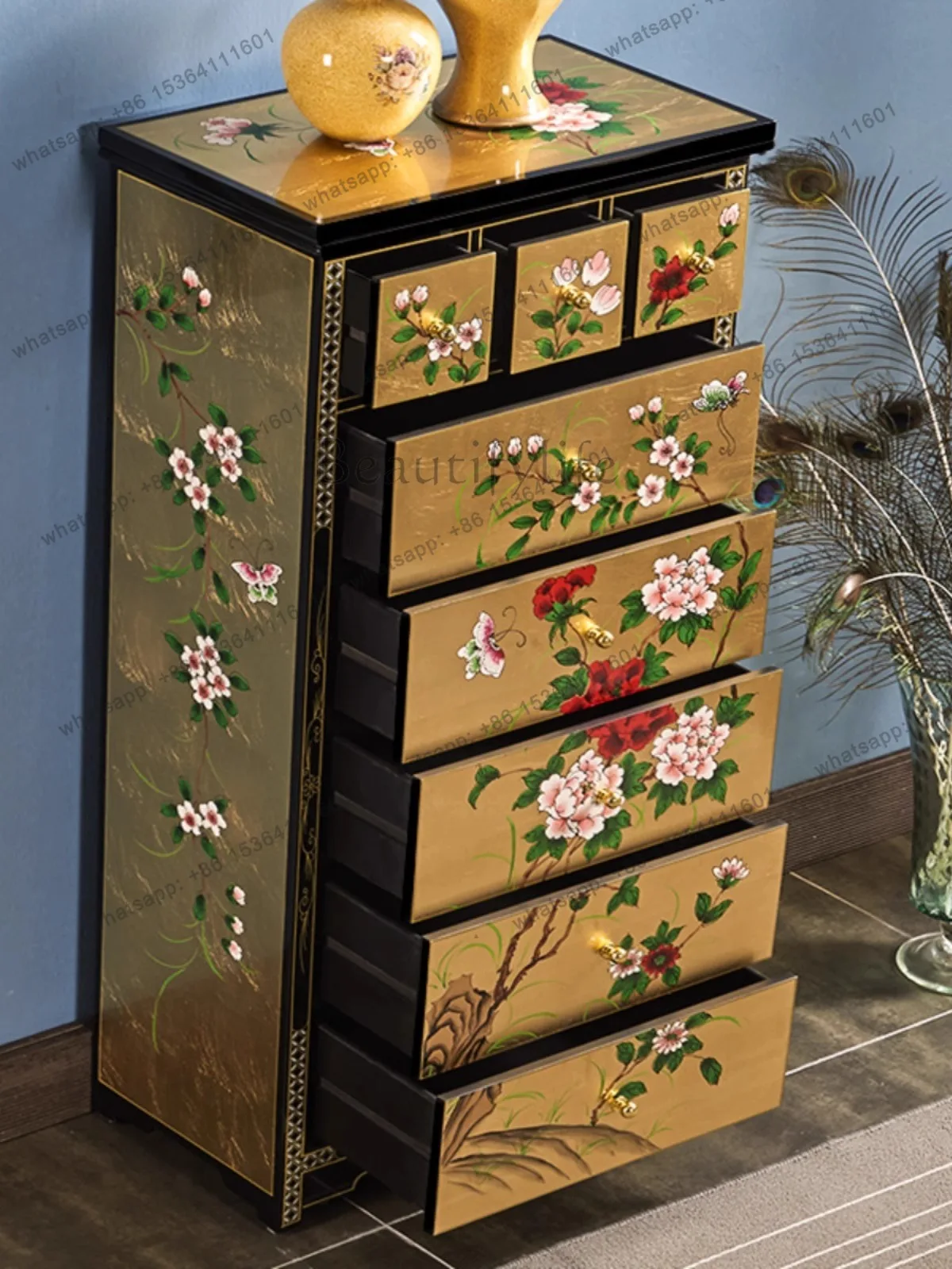 PJ American painted entrance cabinet Chinese retro gold and silver foil storage locker