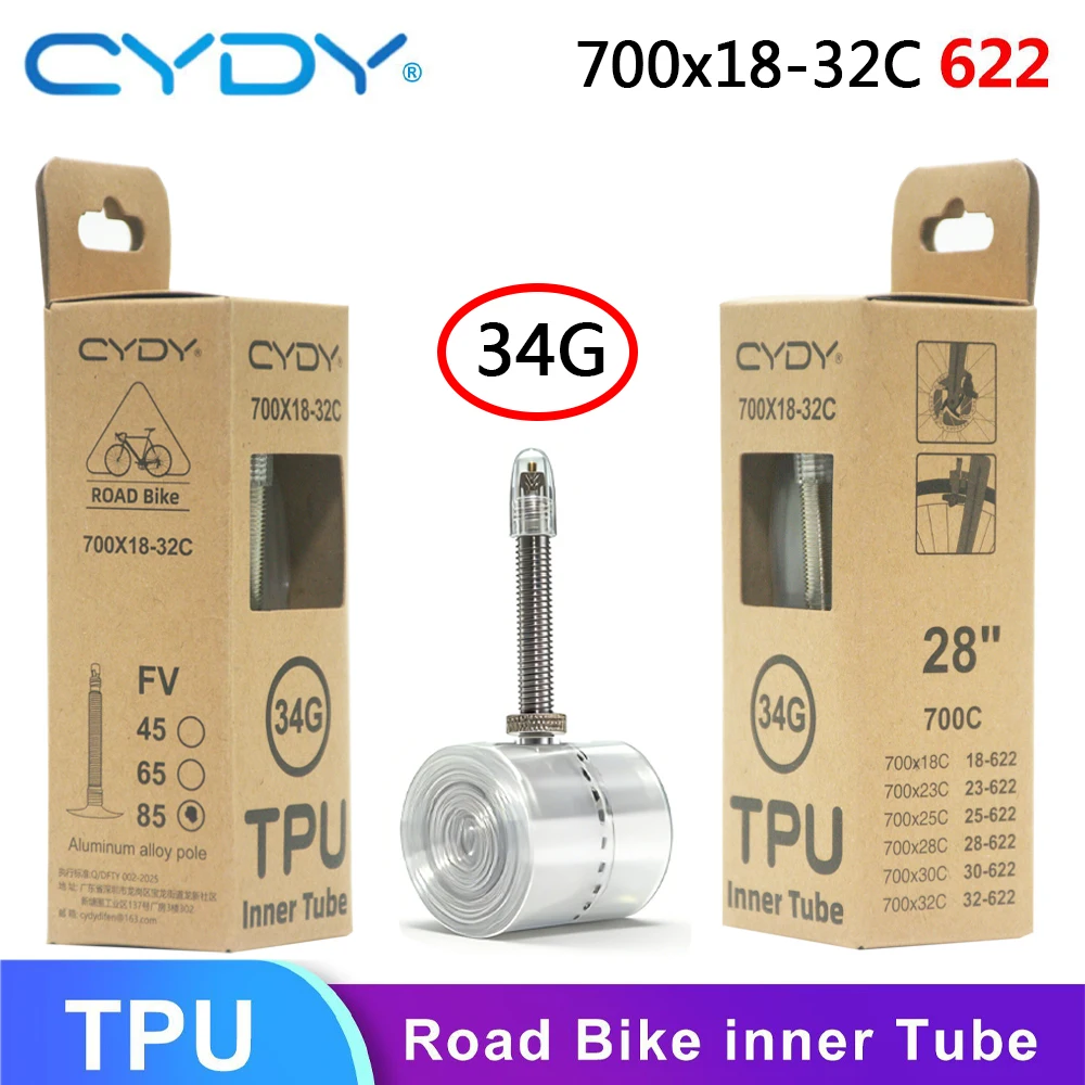 

Велосипедная внутренняя камера CYDY 34G из ТПУ для шоссейных велосипедов, размеры 700×23C, 25C, 28C, 30C, 32C, с ниппелем Presta из сплава, 45/65/85 мм, 28 дюймов