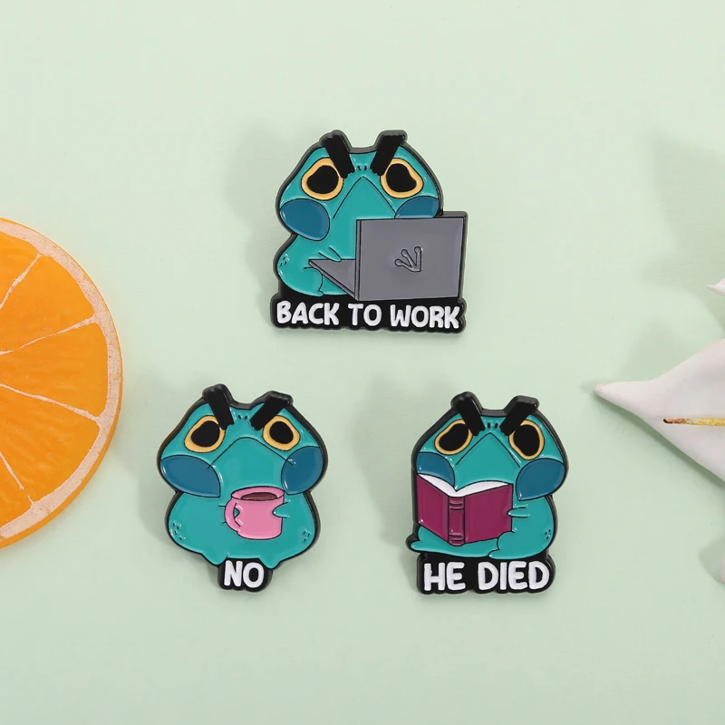 Back To Work Funny Office Frog Enamel Pins Bookish Frog Reading Drink Coffee Brooches Lapel Badge Jewelry Gifts for Friends ﻿