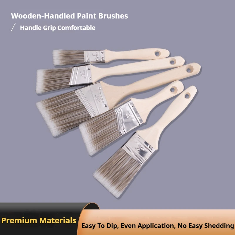 5‑Pack Solid Wood Handle Paint Brushes Set, Flat & Angled Brushes for Painting, Graffiti, Cleaning, Shed‑Resistant Bristles