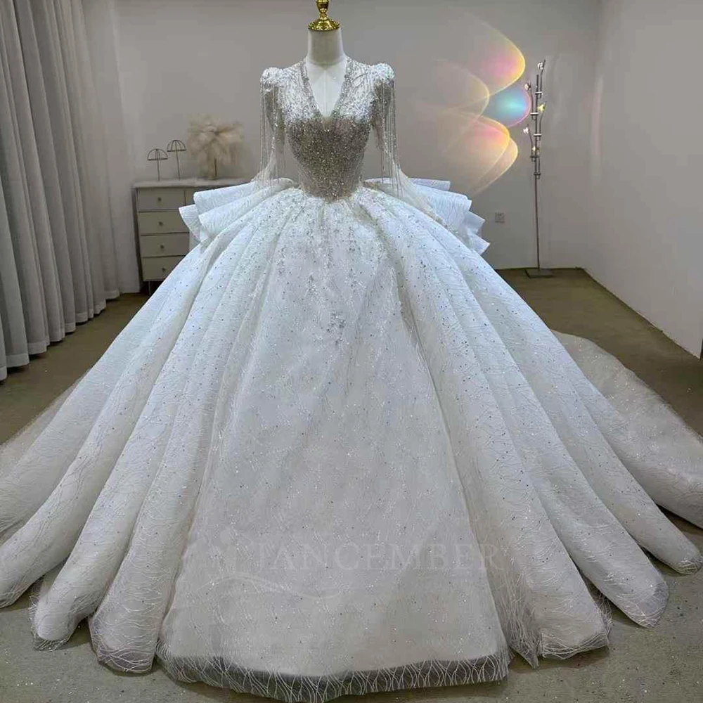 

Luxurious Wedding Dress Organza With Bead Princess Ball Gown Full Sleeve V-Neck Customized Tassel Bride Dress Vestido De Novia