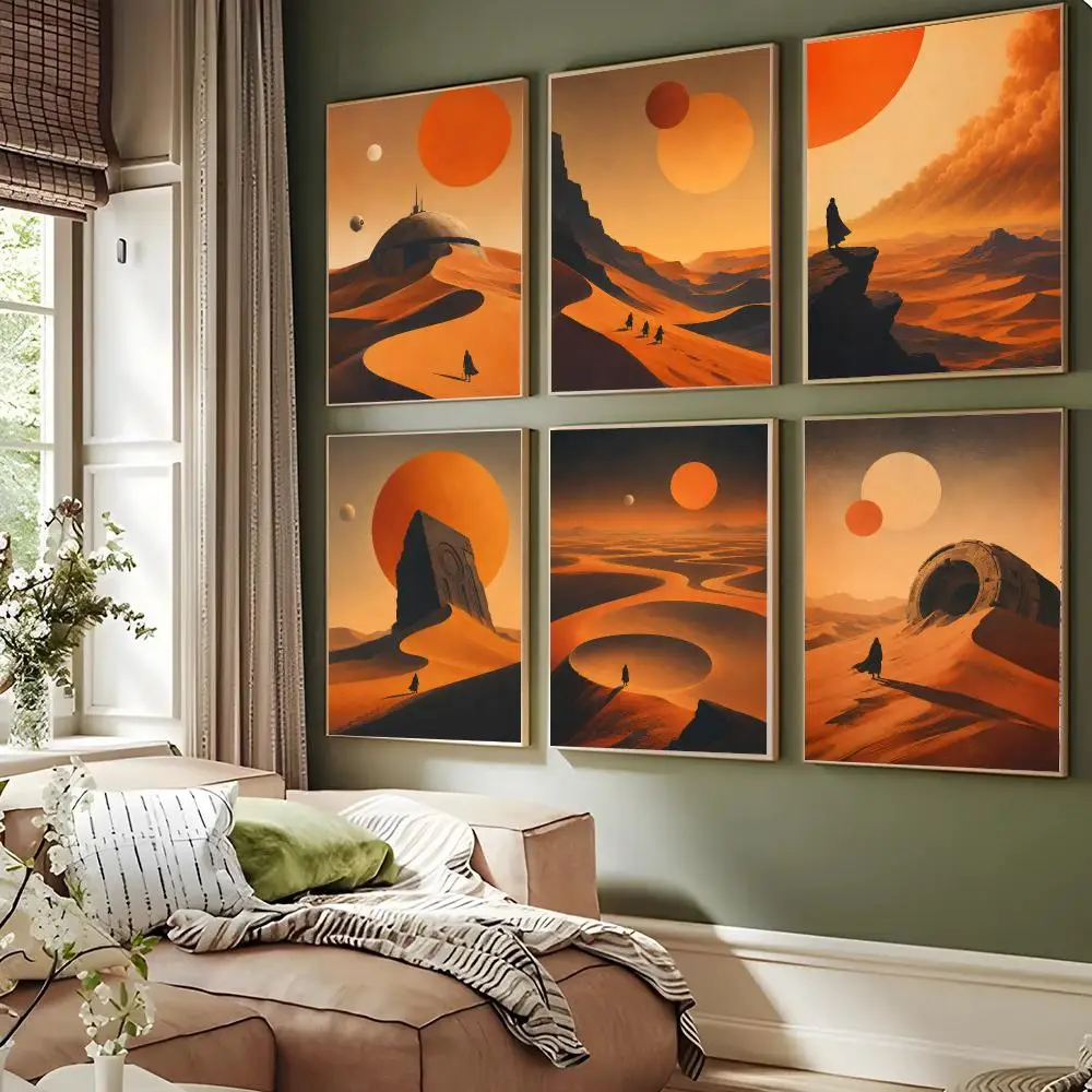 Sci-Fi Desert Dune Dual Sun Landscape Poster Waterproof Sticky Wall Art Print For Bedroom Living Room Hallway Bar Home Decor