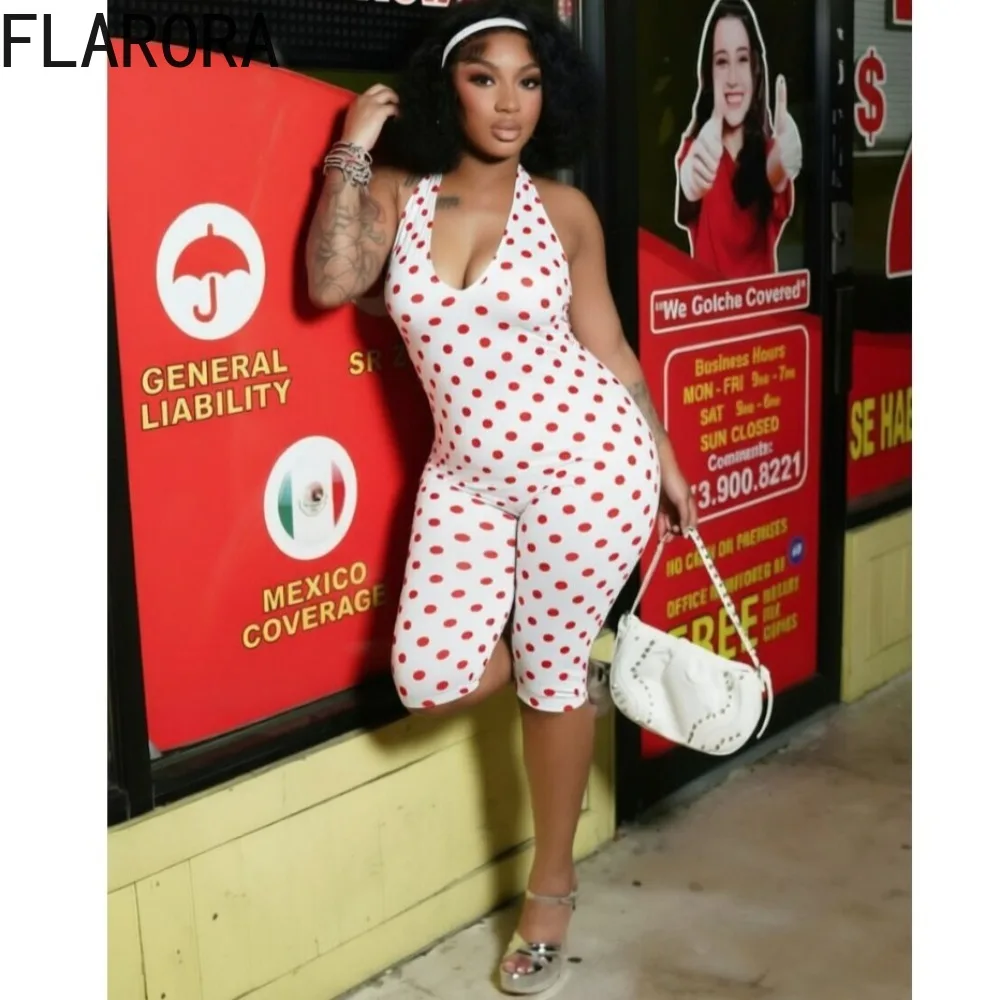 

FLARORA Vintage Polka Dot Print Rompers Woman Sexy Halter V Neck Sleeveless Backless Skinny Playsuits Female Streetwear Overalls