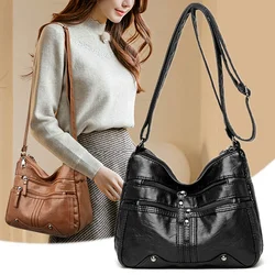 Bolso de hombro suave de cuero PU para mujer, bandolera sólida, Retro, multibolsillo