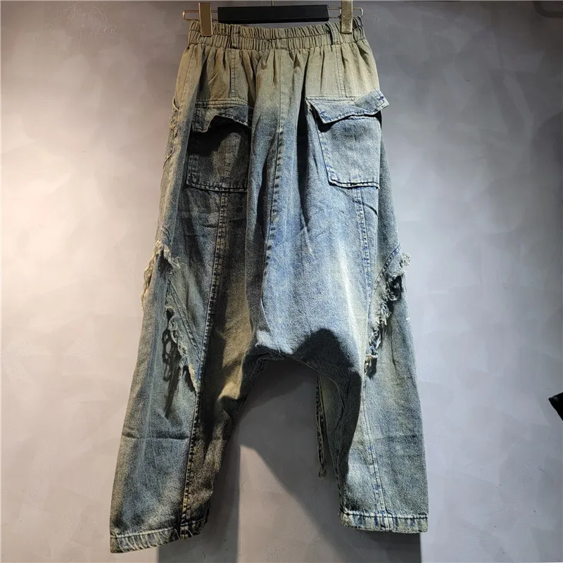 HKSH Personalized Trendy Streetwear Hip-hop Jeans Women's Tide 2024 Spring Autumn New Y2K Elastic Waist Loose Denim Pants HK3236