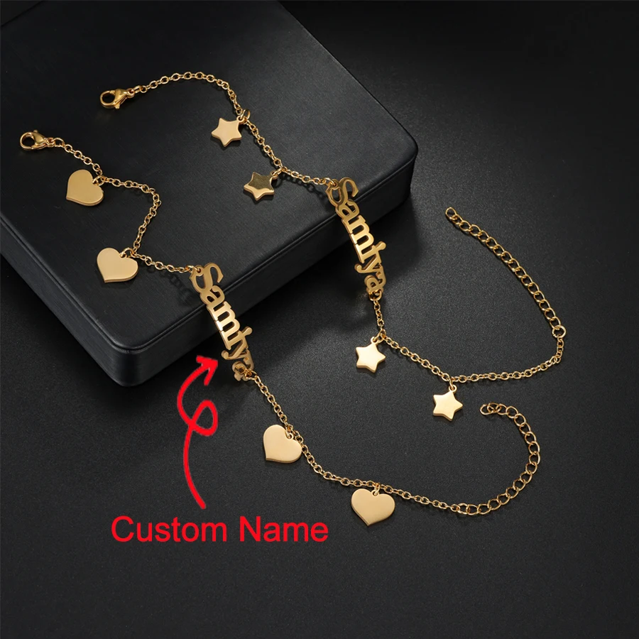 

Acheerup Personalized Custom Name Bracelet for Women Stainless Steel Star Heart Charms Hand Chain Christmas Jewelry Kids Gifts