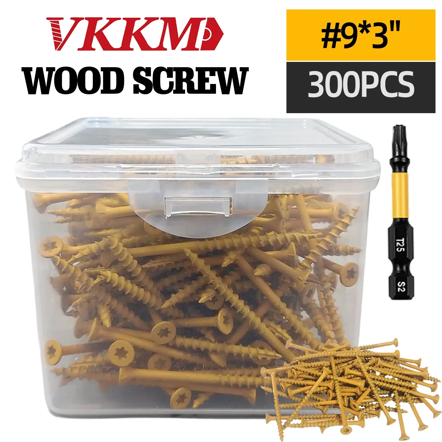 

VKKM Deck Screws 3 Inch, Wood Screws #9 x 3", 300 PCS, Rust Resistant Coated, T25 Screws, T25 Star Bit Included, Tan