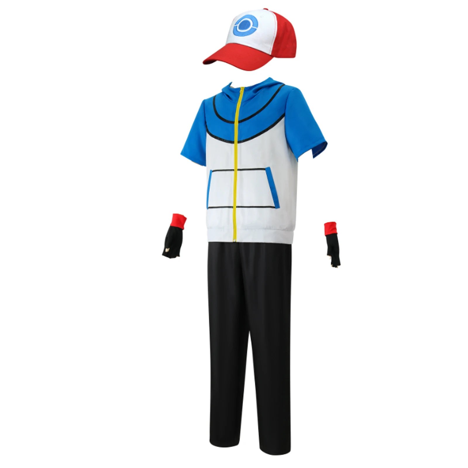 

Men Women Ash Ketchum Blue Hoodie Cosplay Shirt Pants Gloves Hat Sets for Trainer Halloween Outfit