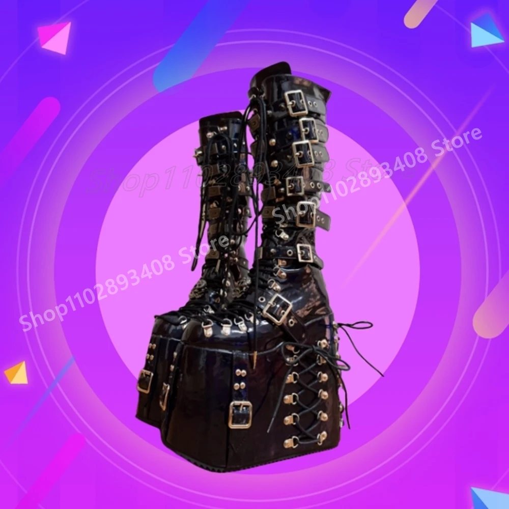 Сексуальные крутые ботинки до середины икры в стиле панк, новые туфли на танкетке, высокий каблук, толщина, заклепки, декор, обувь на шнуровке, осень 2024, популярные девушки Para Mujere