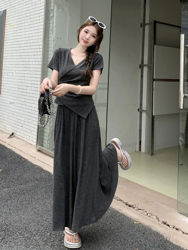 

plus Size Summer Slimming Casual Short Sleeve Top And Skirt Set for Plump Women Tea Color System Fashion Ensemble