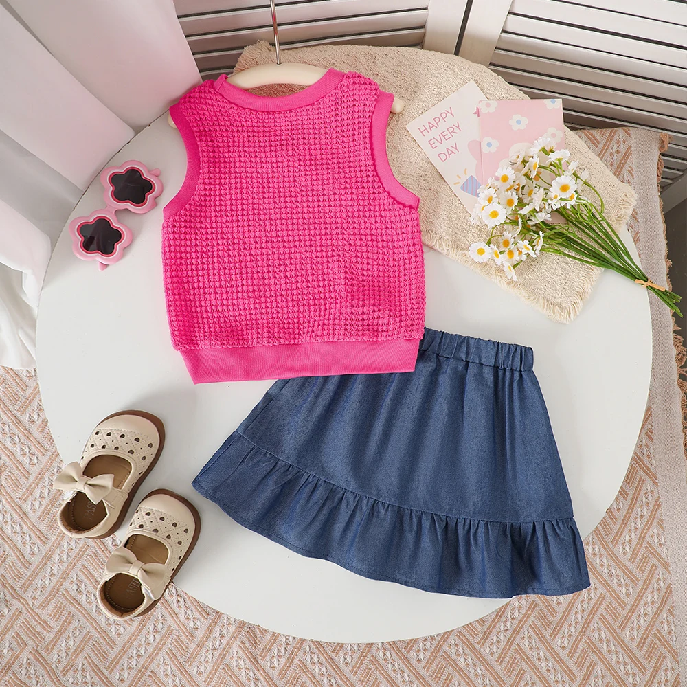 Girls' summer style bubble check sleeveless vest with three-dimensional floral top + solid-color skirt two-piece casual set swee