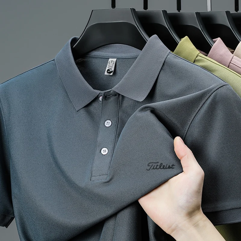 Business Casual Herren Neues Kurzarm-Poloshirt mit Kragen und Knöpfen, Einfarbig mit Schriftzug, Bequemes Atmungsaktives Herren-T-Shirt – Detail 36