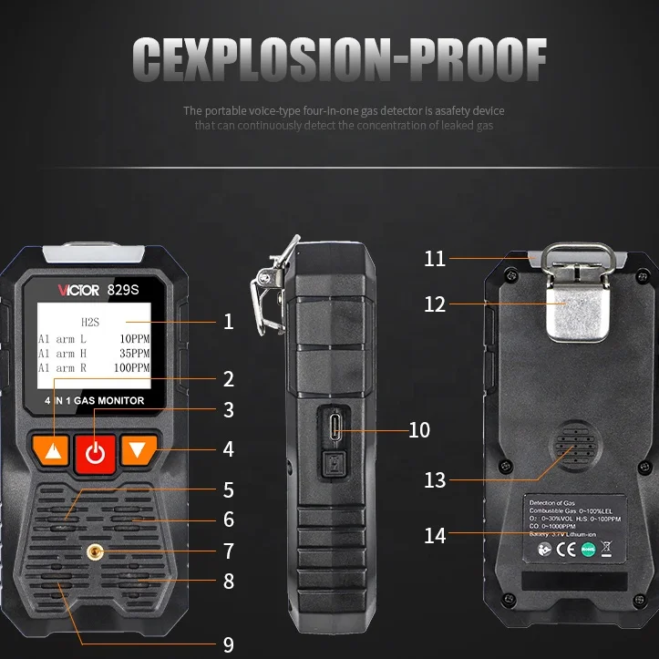 VICTOR 829S Portable New Product  Gas Monitor IP65 Combustible multi 4 Gas Meter