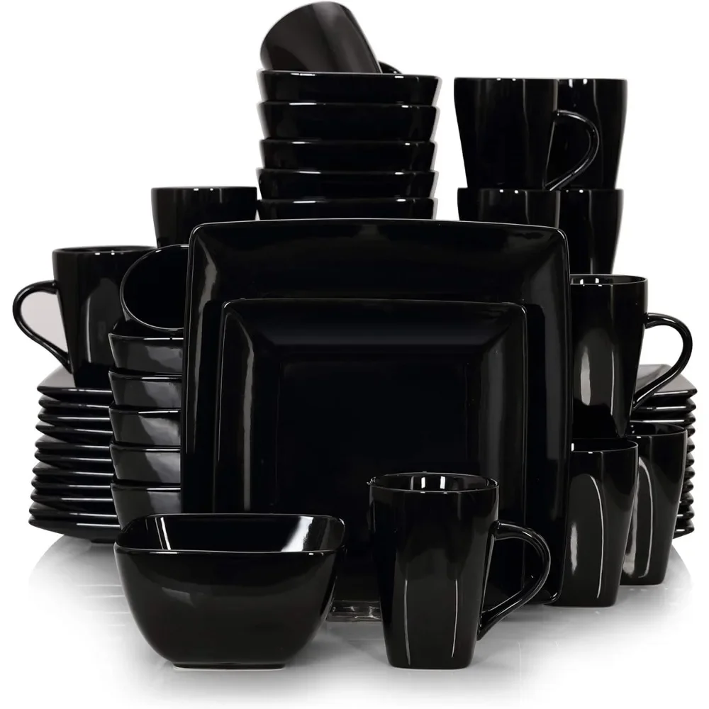 

Square Cutlery Set with Black 48 Piece Set, Equipped with 16 Set Plates, Dessert Plates, Bowls, and Mugs