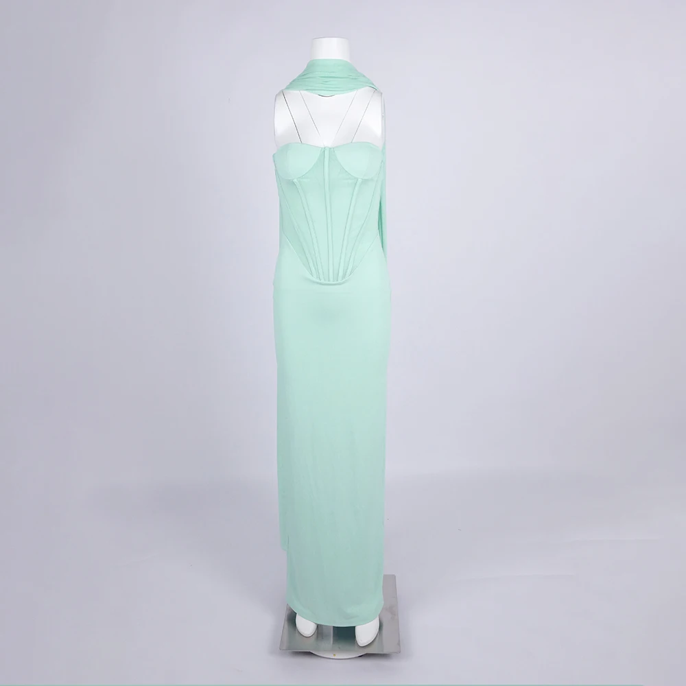 女性のセクシーなライトグリーンのストラップレスコルセットスタイルのガウン、薄手のショール付きハイウエストセクシーなサマーパーティープロム高級イブニングロングドレス