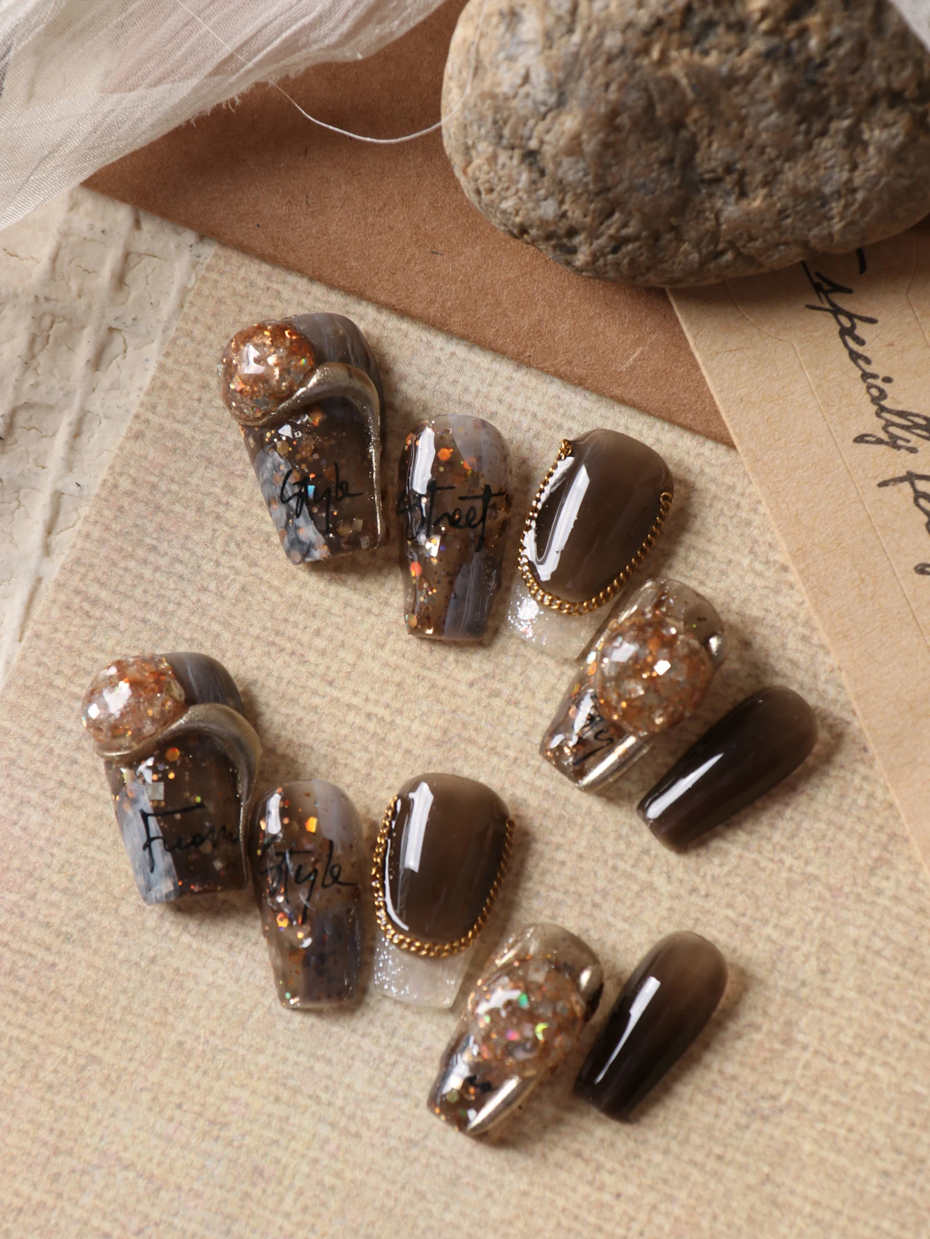 10Pcs Press on Nails Short Brown Smudge Fake Nails Includes 1 Sheet of Adhesive Tabs & 1 Pc Mini File