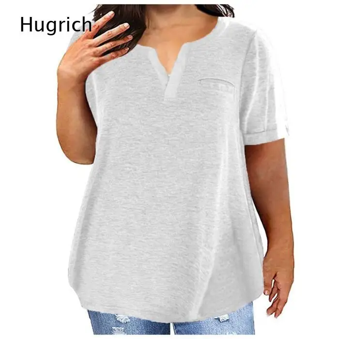 Heather Gray Plus Size Notch V Neck Chest Pocket T-Shirt Women Roll Cuff Short Sleeve Loose Flowy Daily Casual Henley Top
