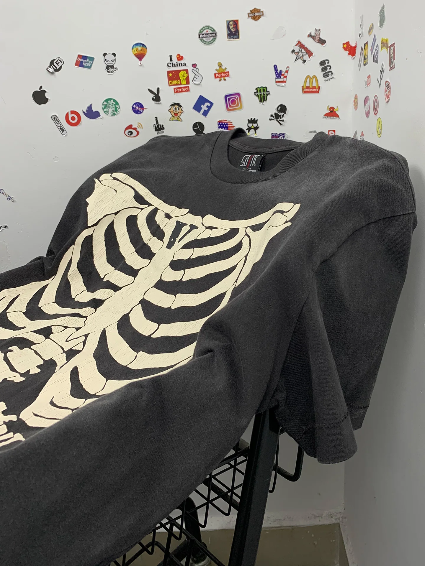 American High Street Style Skull Skeleton Crack Print Washed Vintage Loose Short Sleeve T-Shirt Casual Breathable Cotton Tee