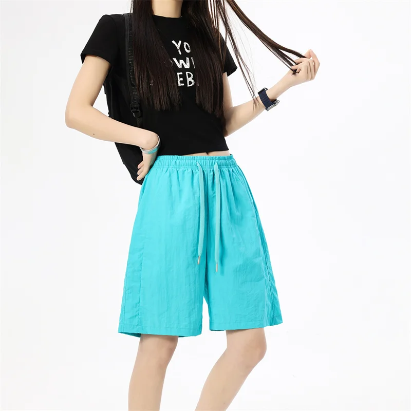 

Casual Ice Silk Shorts Women Gym Workout Shorts Solid Color Comfort Daily Wear Summer Big Size Loose Home Beach Lace Up Shorts