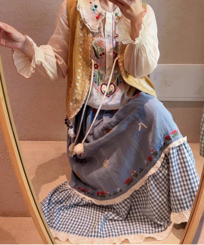 2025 Autumn Winter New Ethnic Style Women Embroidered Lace Skirt Fashion Versatile Patchwork Plaid Linen Elastic Waist Skirts