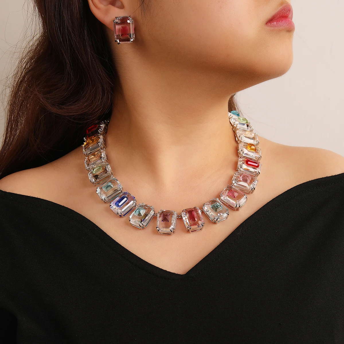 Luxury Big Square Cubic Zirconia Necklace Earrings Set Woman Wedding Bridal Jewelry Set Gift CN11109A