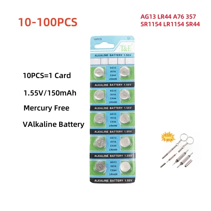 

10-100PCS Battery AG13 LR44 A76 357 SR1154 LR1154 SR44 Cell Coin Batteries For Watch Toys Remote