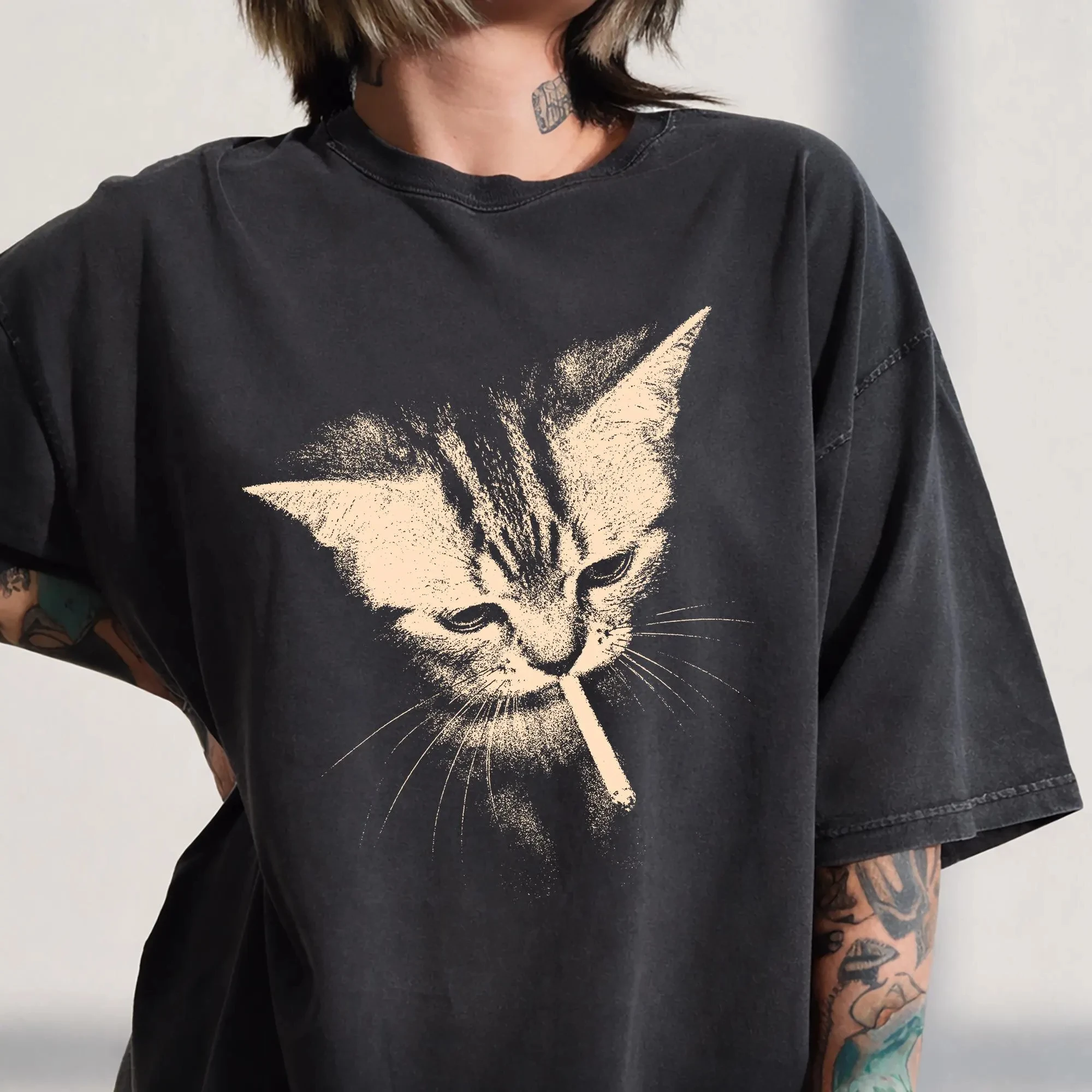 

2026 Plus Size Summer Women's Vintage Smoking Cat T-shirt Cotton Breathable Stylish Versatile Street Style Oversized