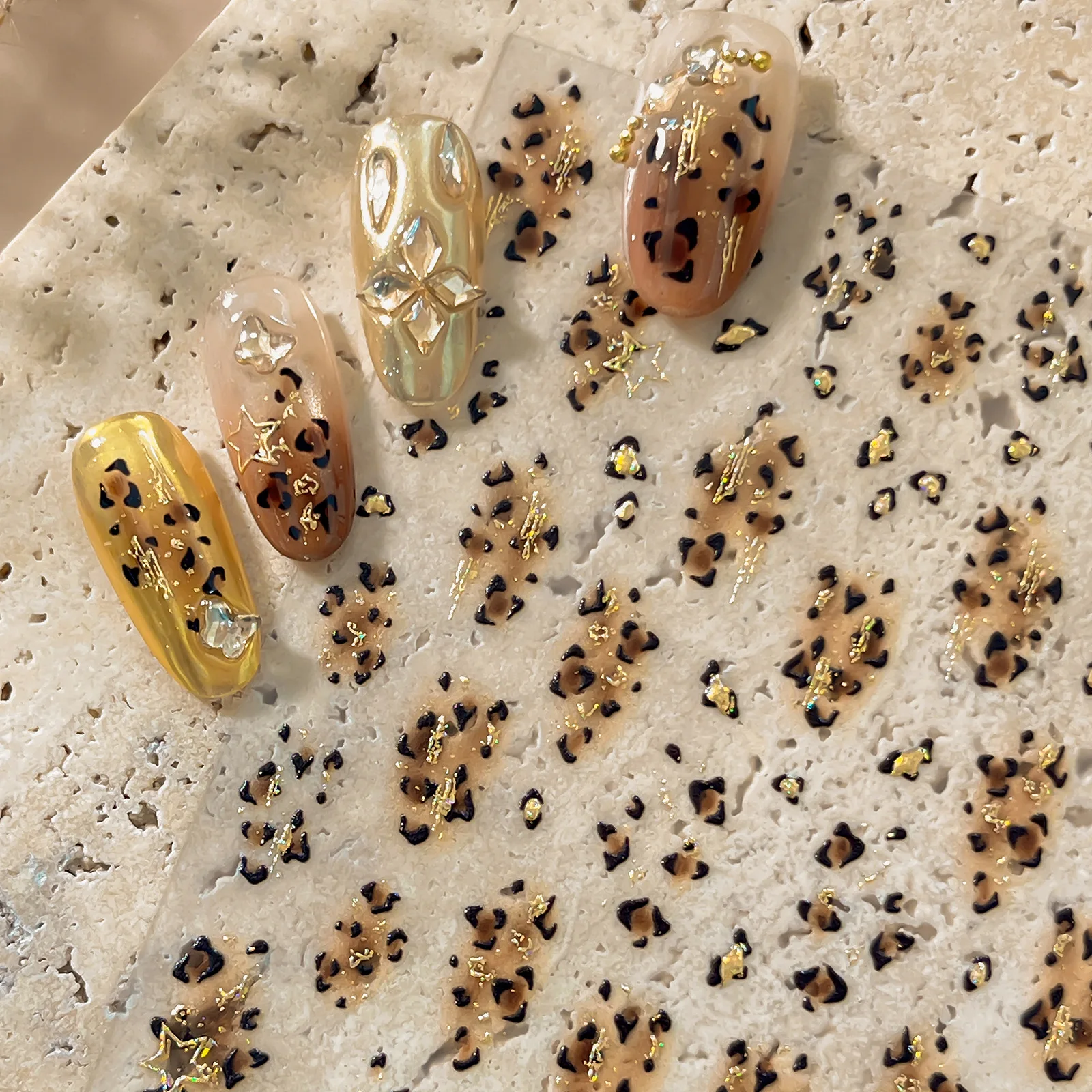 Leopard Print Nail Stickers Brown Black Spots Gold Foil Pattern Self-adhesive Winter Nail Decoration Stickers Accessories Decal