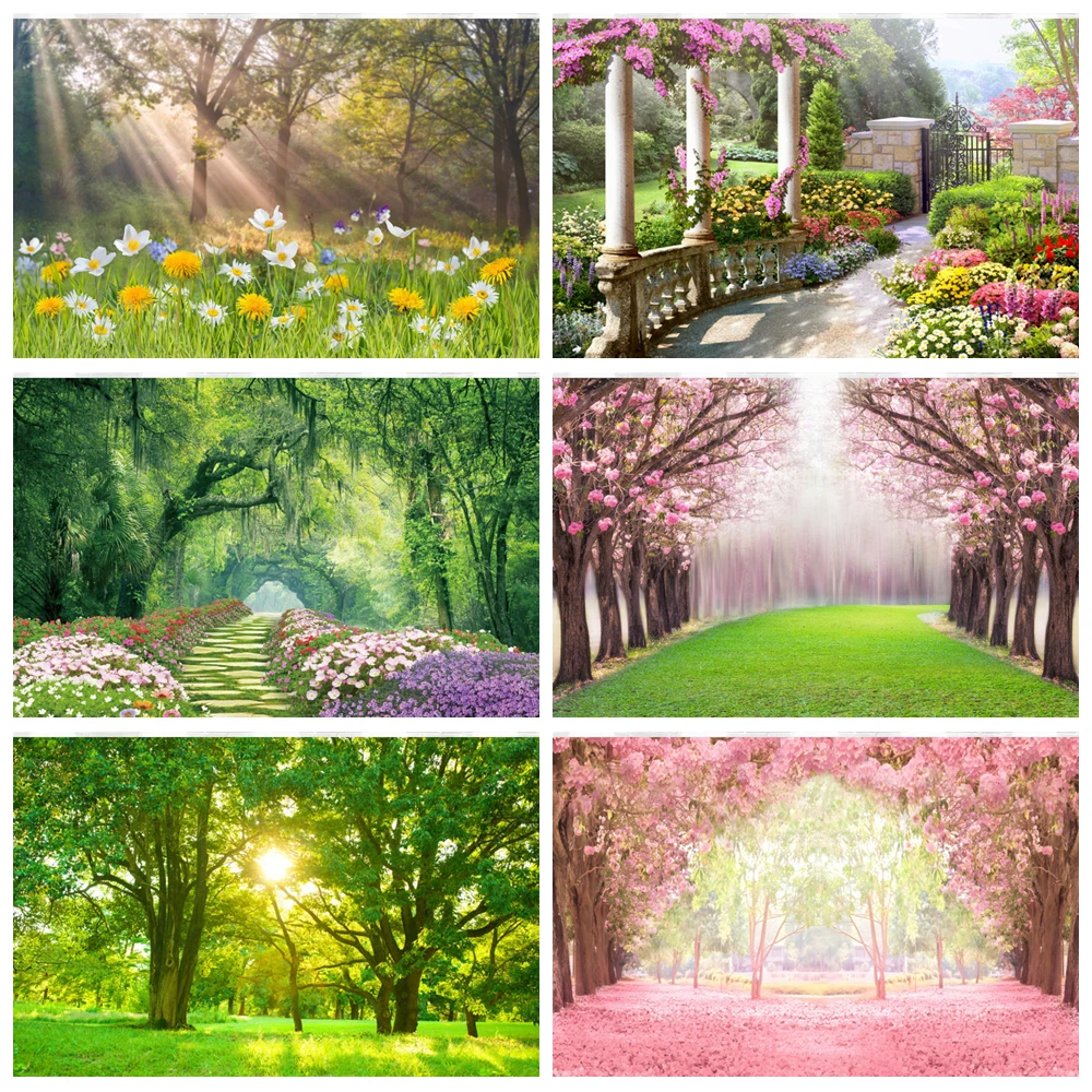 

Spring Natural Flowers Background Window Landscape Garden Grassland Cherry Blossoms Banner Birthday Party Photography Props