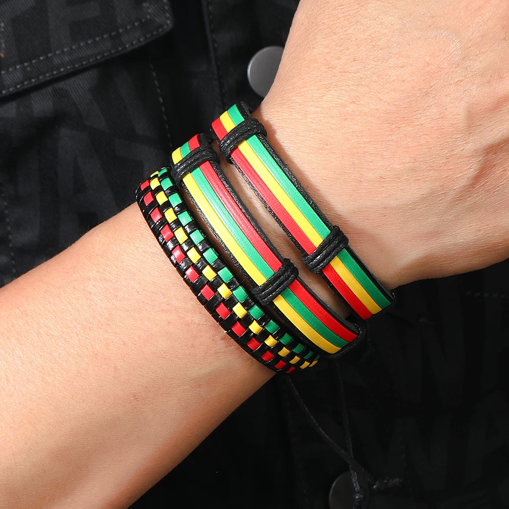 Red yellow green colored leather woven bracelet flag color jewelry