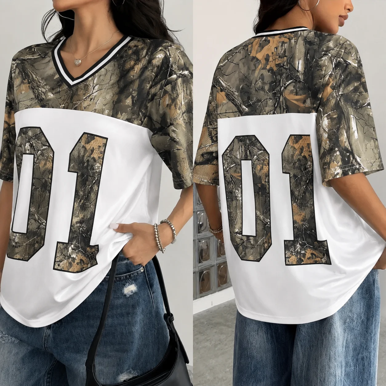 Summer Women's V-Neck Camouflage Letter Print Sport Quick-Drying T-Shirt, Breathable Mesh Loose Short-Sleeved Shoulder Top