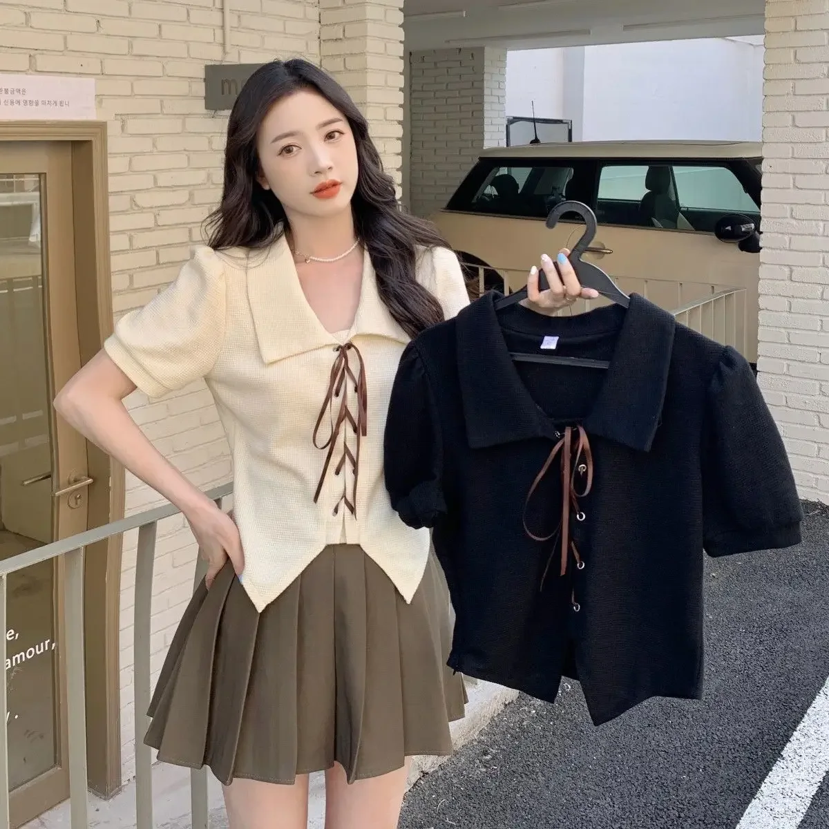 Women's Sweet and Spicy Style Strap Design Short Sleeve Summer Bubble Sleeve Short Style Female Leisure