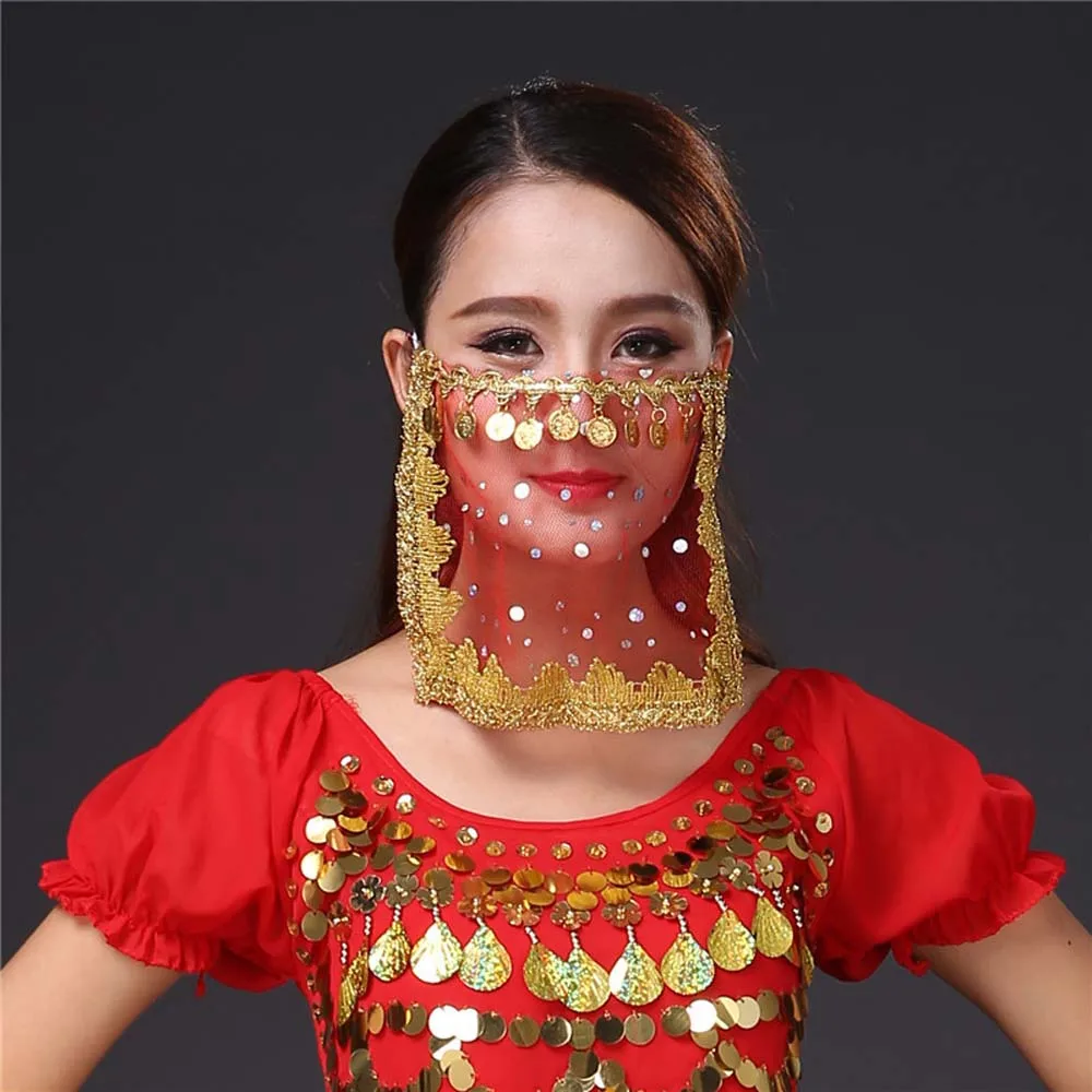 Women Tribal Belly Dance Costumes Embroidered Sequins Mesh Face Veils Indian Dance Rhinestone Veils Performance Accessories