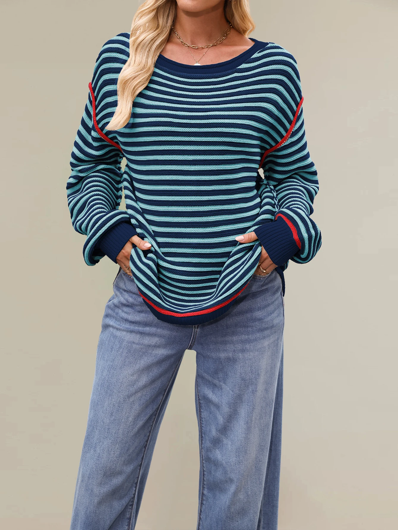 

Осенние и зимние свитера, европейская и американская женская одежда, популярный полосатый топ 2025 года, пуловер с круглым вырезом, свободный крой.