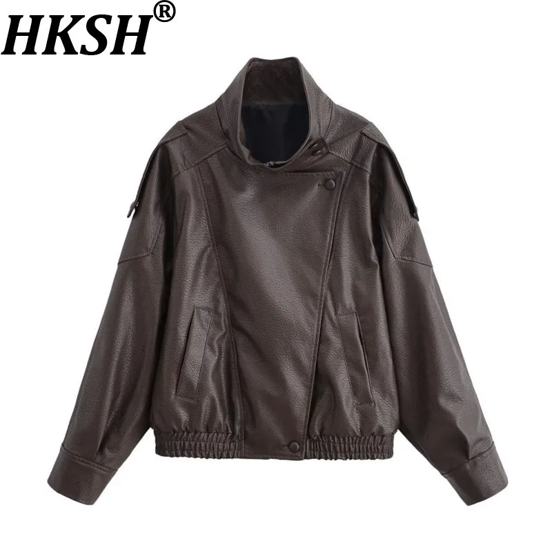 HKSH Women Leather Jacket Fashion Street Dark Style Patchwork Stand Collar Versatile Loose Casual Coat Autumn Winter New HK27117