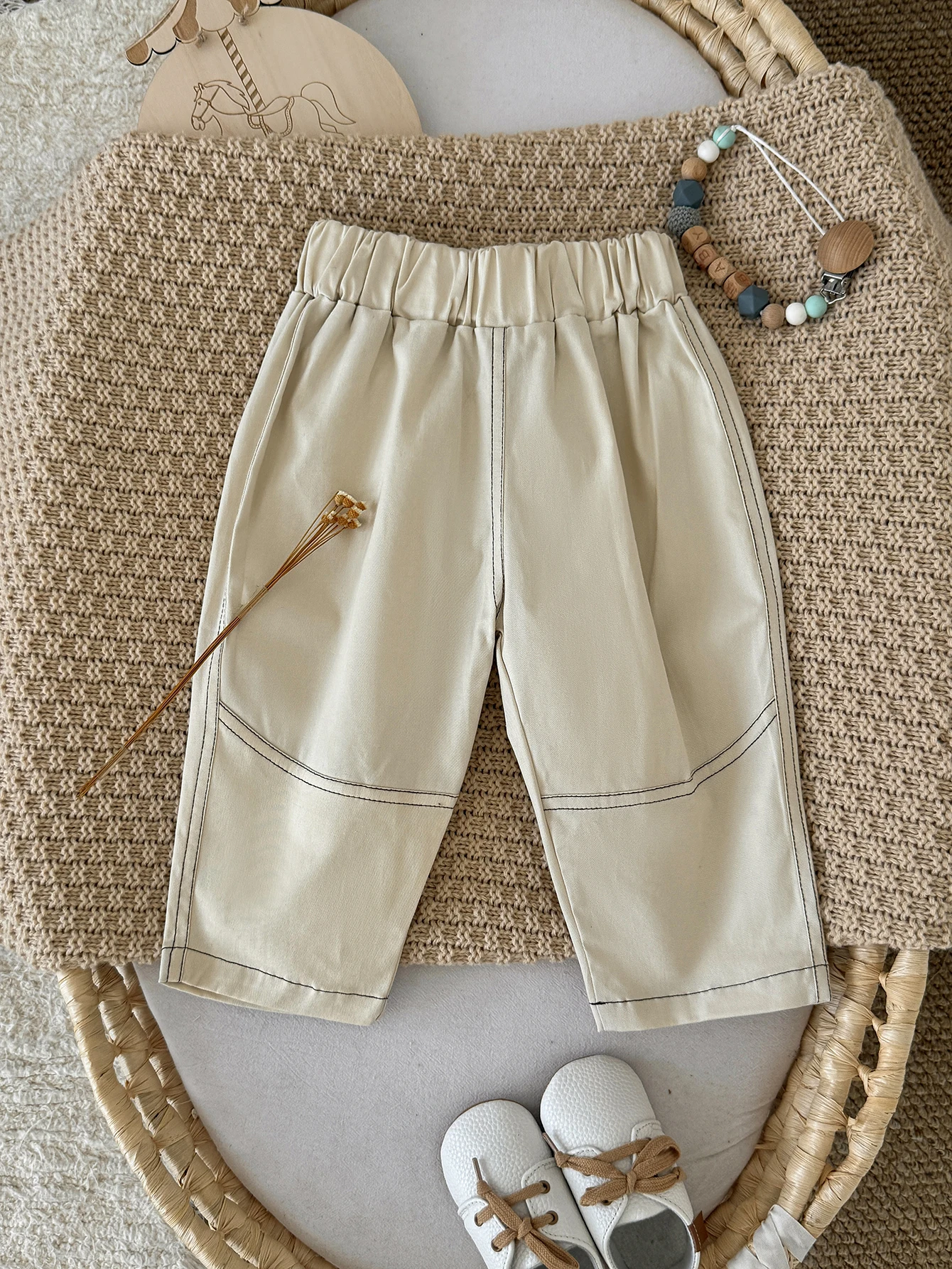 Light Apricot Baby Spring Autumn Loose Harem Pants Topstitch Design Elastic Waist Comfortable Kids Casual Long Pants